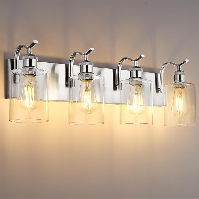 4-Light Bathroom Vanity Light, Brushed Nickel Wall Sconce, Modern Bathroom Light with Clear Glass, VL01BN-4