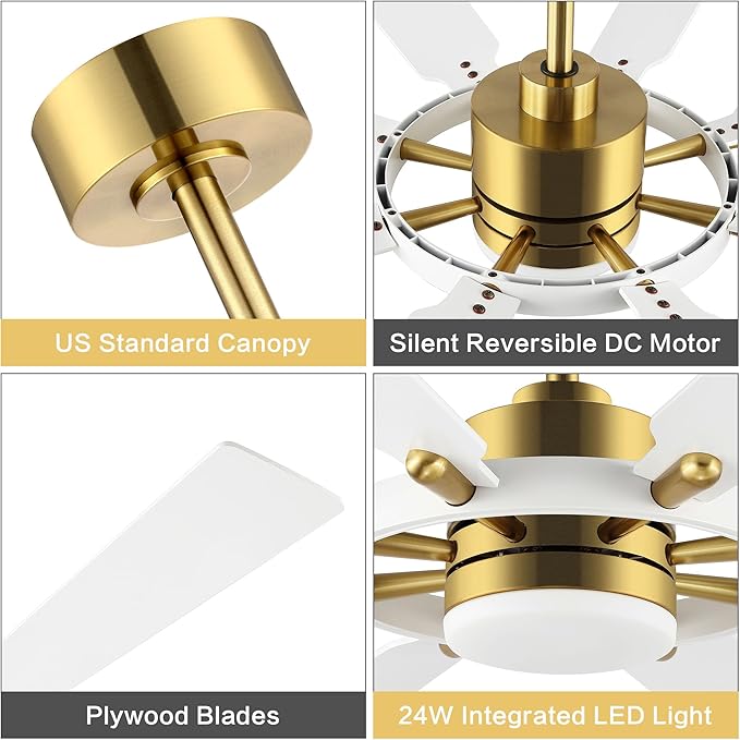 ELEHINSER 80 Inch Ceiling Fan with Lights and 3 Downrods, 8 Plywood Blades, 6-Speed Noiseless Reversible DC Motor, 3CCT, Windmill Ceiling fan for Kitchen Bedroom Living Room, Brass and White