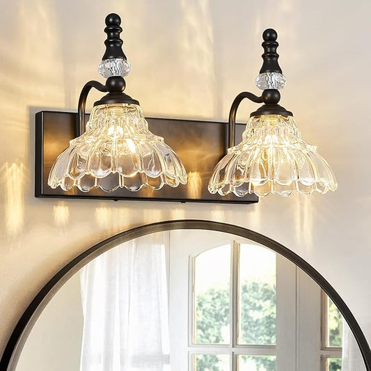 Vintage Bathroom Vanity Light, 2-Light Black Vanity Lighting Fixture with Flower Glass Shade, Bathroom Lighting Fixtures Over Mirror