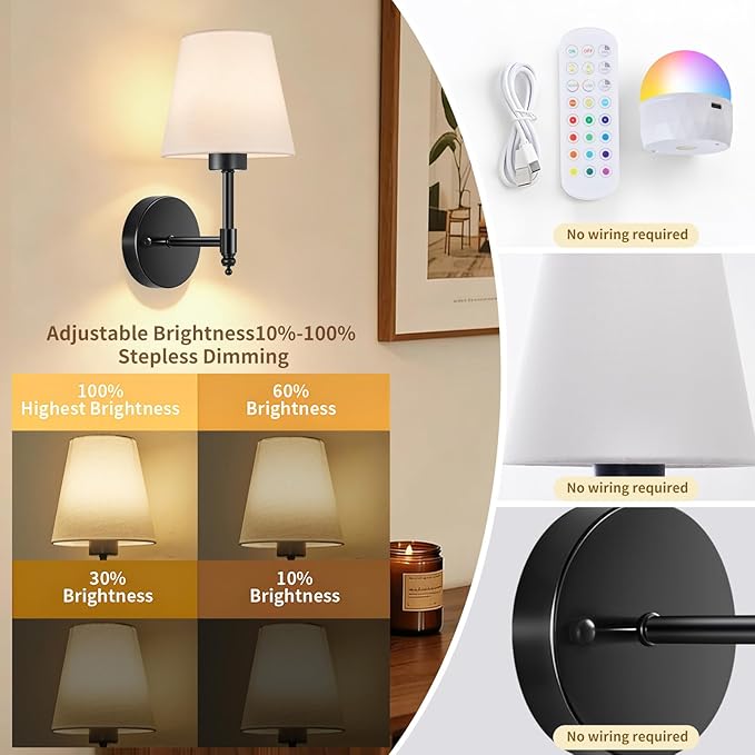Battery Operated Wall Sconces Set of Two, Rechargeable Wireless Wall Lights with RGB Dimmable Magnetic Bulb and Remote,15 Colors Options Wireless Wall Lamps for Bedroom Living Room Hallway -black