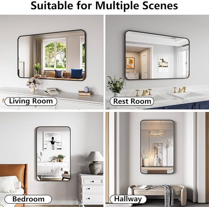 Bathroom Mirror, 30X48 Inch Black Metal Framed Mirror for Bathroom, Tempered Glass, Anti-Rust, Rounded Rectangle Mirror for Restroom, Bedroom, Black