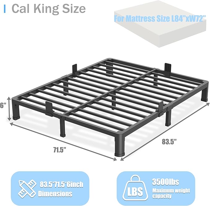 6 inch California King Bed Frame with Round Corner Legs Mattress Slide Stopper,Low Profile Heavy Duty Metal Platform,Steel Slat Support,No Box Spring Needed,Easy Assembly,Noise Free
