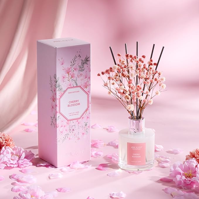 Airkeep Reed Diffuser Set, 3.38 fl oz (100 ml) - Cherry Blossom Oil Diffusers with 8 Reed Sticks, Home Fragrance Reed Diffuser for Bathroom Shelf Decor