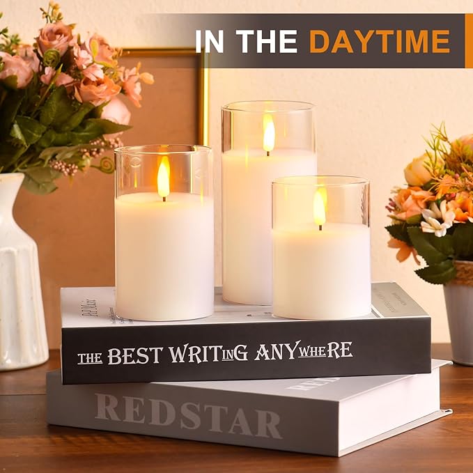 Tyawon Glass Battery Operated LED Flameless Candles with Remote and Timer, Real Wax Candles Warm Color Flickering Light for Festival Wedding Home Party Decor(Pack of 3)-White