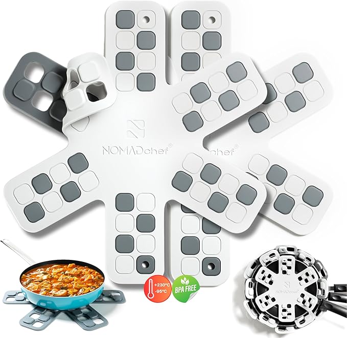 Dual-Use Silicone Pan Protectors for Stacking & Trivets for Hot Dishes | Silicone Trivet Mat | Perfect for Pot and Pan Protectors | 2-Pack Medium (12.5in) Cookware Protectors (M2-WHT/Grey)