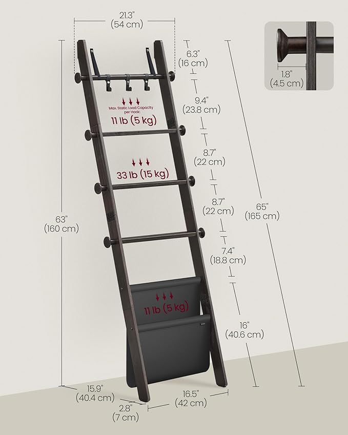 VASAGLE Blanket Ladder for Living Room, 5-Tier Wooden Ladder Shelf, Decorative Farmhouse Blanket Rack with Synthetic Leather Bag, Metal Hooks, Side Hooks, for Bedroom, Ink Black ULLS022B01