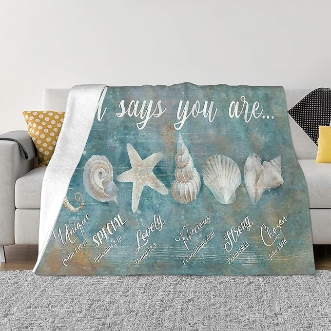 Tijuboni Ocean Seashells Throw Blanket - God Says You are - Beach Nautical Gifts for Women Men Girls Boys Kids Adults Soft Flannel Fleece Blanket for Couch Sofa Bed Home Decor 60"x80"