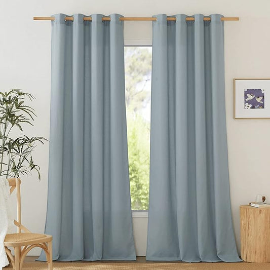 NICETOWN Rustic Linen 102 inch Long Curtains for Living Room, Grommet Privacy Added Thick Linen Weave with Light Filter Window Curtains & Drapes for Bedroom, Stone Blue, W55 x L102, 2 Panels