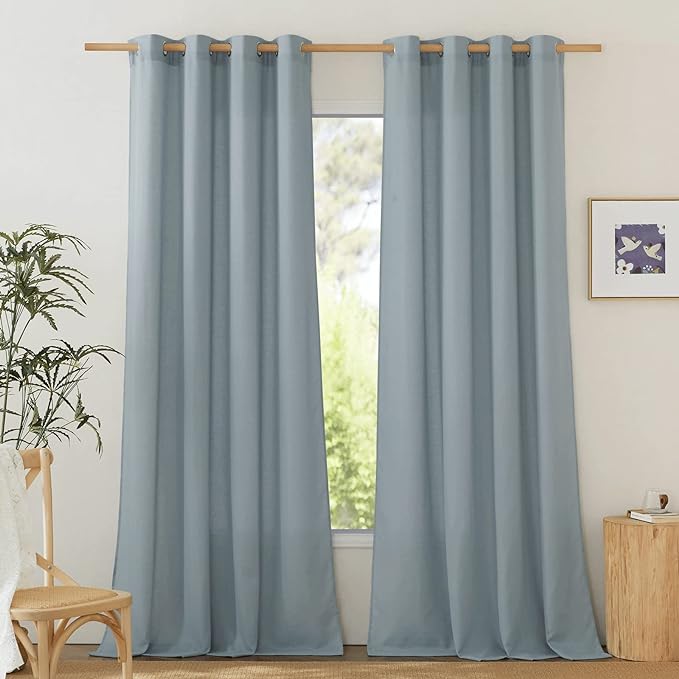 NICETOWN Linen Flax Semi Sheer Curtains 94" Length, Grommet Window Treatments Privacy Added with Light Penetration Vertical Drapes for Loft/Home Office, Stone Blue, W55 x L94, 2 Panels