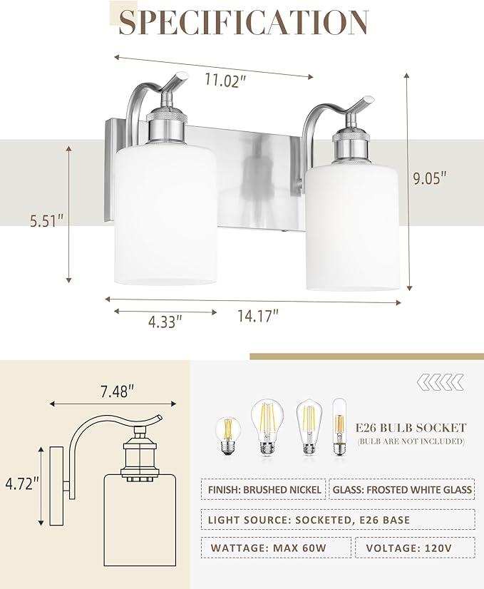 Milk Glass Bathroom Light, 2-Light Vanity Light Fixture, Brushed Nickel Wall Sconce, VL01BNW-2