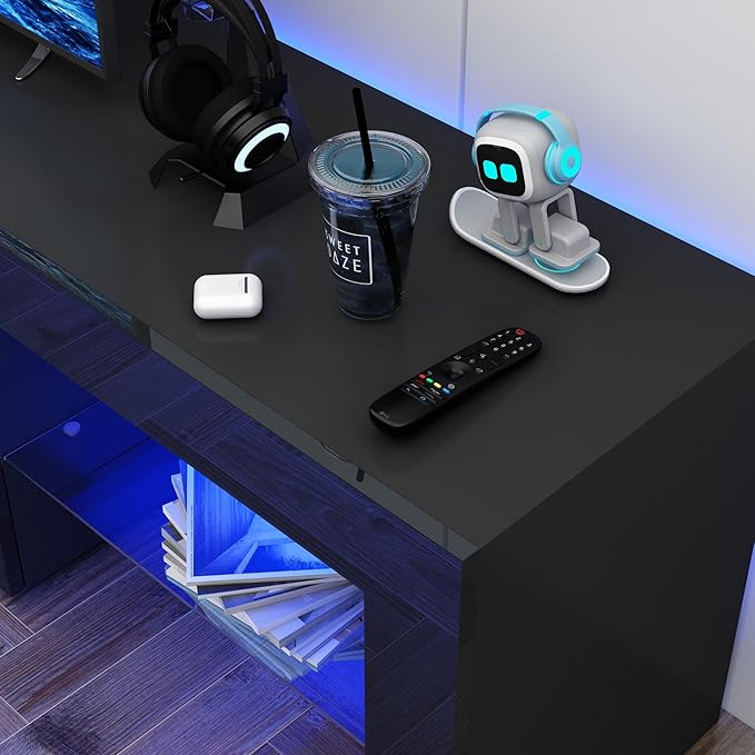 St.Mandyu LED TV Stand for 75/85/90 inch TV, High Glossy Modern Entertainment Center with Drawer and Led Lights, Television Table Media Console for Living Game Room Bedroom, Black