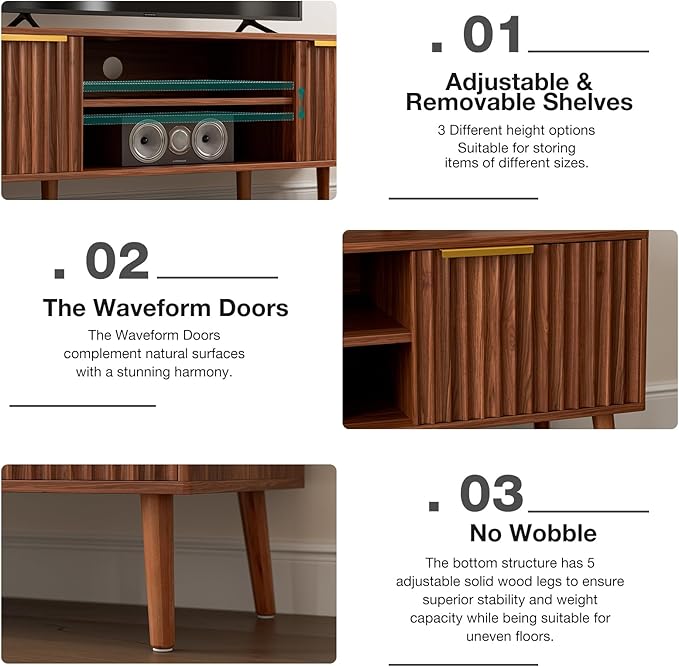 TV Stand for Living Room, Mid Century Modern Entertainment Center for 55/60 inch TVs, TV Console with Fluted Door Cabinets and Open Shelves, for Bedroom, Walnut