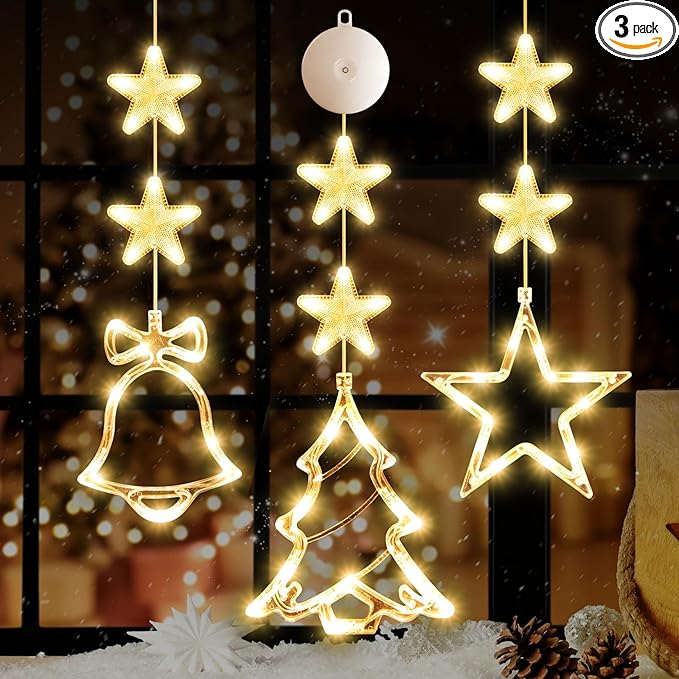 [Timer 3Pcs Christmas Window Lights Decorations,Battery Powered Christmas Hanging Warm White Lighted Tree Bell Star Shaped LED Sucker for Xmas Tree Fireplace Indoor Outdoor Decor