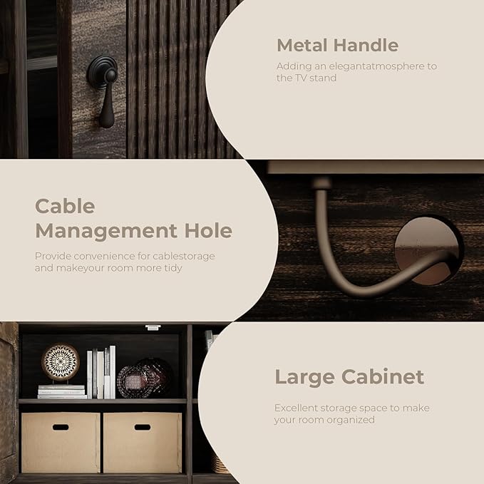 Fluted TV Stands for 70-80 Inch TV, Mid-Century Modern TV Stand Entertainment Center with LED Lights and Open Storage Shelves, 70" Curved TV Media Console for Living Room, Dark Rustic Oak