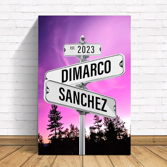 Custom Poster gifts for Couple, Personalized Canvas Vintage Street Signs Name and Date, family wall decor for living room, Valentine's Day, Christmas, wedding gifts for couples (Anniversary Art 05)