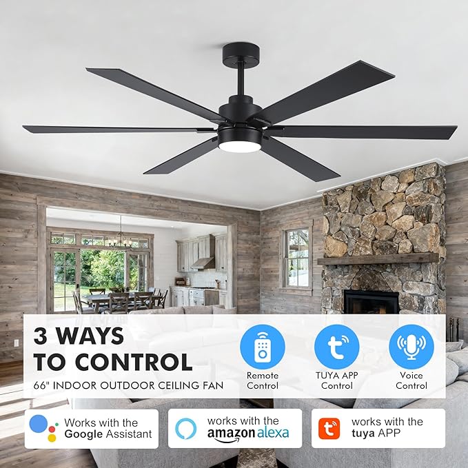 66" Outdoor Ceiling Fan with Light Remote, Wifi Smart Ceiling Fan with Light Alexa, Noiseless Reversible DC Motor, High CFM Damp Rated Ceiling Fans for Patios Porch Living Room Garage, Modern Black