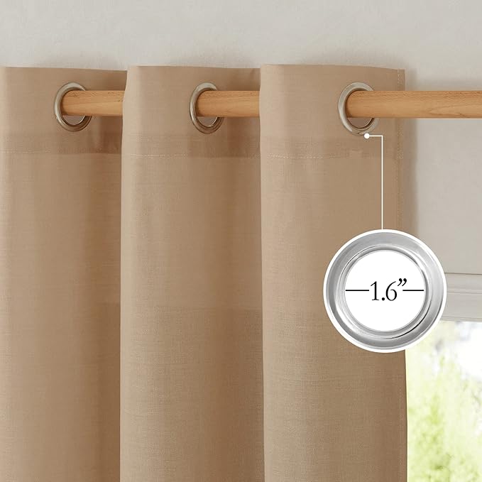 NICETOWN Flax Thick Linen Camel Curtains for Bedroom, Grommet Top Linen Blend Semi Sheer Privacy Assured Window Treatment Light Filtering for Living Room, 55" W x 63" L, Set of 2