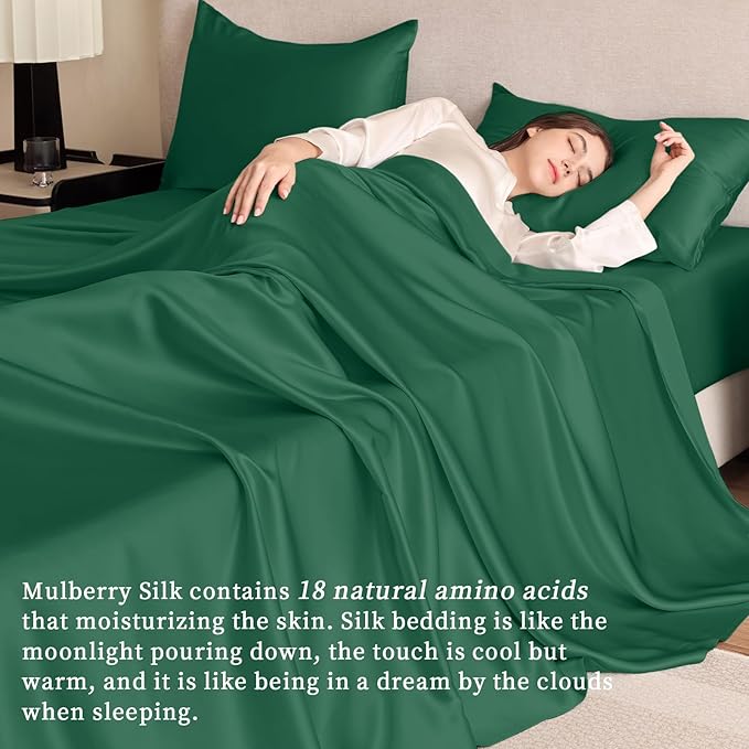 THXSILK Silk Sheet Set 4Pcs, 6A+ Top Grade 100% Pure Mulberry Silk Bed Sheets Ultra Soft Durable Luxury Bedding Sets, 1 Fitted Sheet, 1 Flat Sheet and 2 Pillowcases (Twin-XL, Emerald Green)