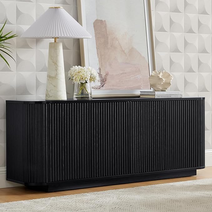 64" Buffet Sideboard Cabinet with Storage, Modern Fluted Accent Credenza with Adjustable Shelves, Wood Coffee Bar Console Table for Living Room Kitchen Dining Room Hallway, Black