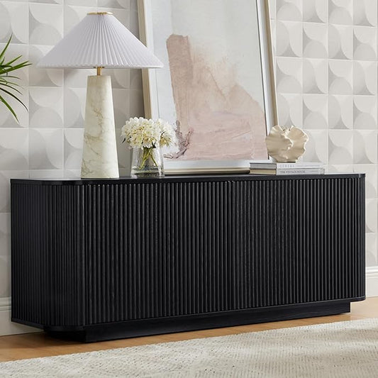 64" Buffet Sideboard Cabinet with Storage, Modern Fluted Accent Credenza with Adjustable Shelves, Wood Coffee Bar Console Table for Living Room Kitchen Dining Room Hallway, Black