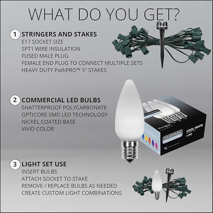 Wintergreen Lighting 50’ OptiCore LED Cool White Smooth/Opaque Christmas Pathway Lights, C9 Outdoor White Christmas Lights, 4.5” Stakes, Green Wire Plug String Lights