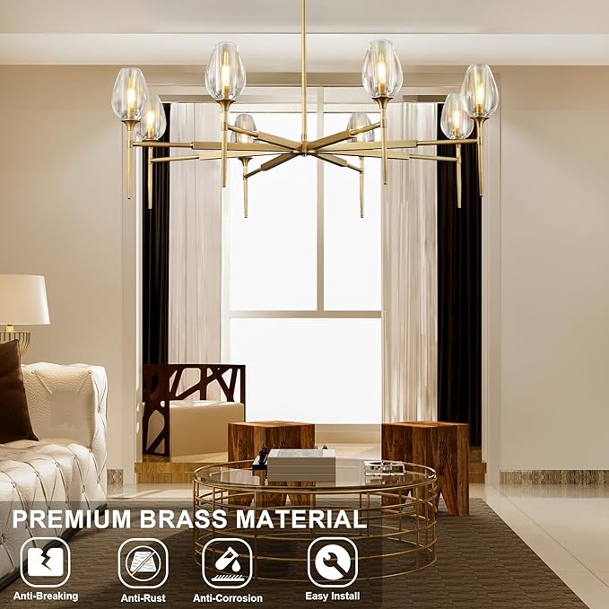 Modern Crystal Chandeliers 8 Lights Brass, 54in Gold Tulip Round K9 Crystal Chandelier,Pendant Ceiling Light for Dining Living Room Bedroom Entryway, E12 Bulbs Included