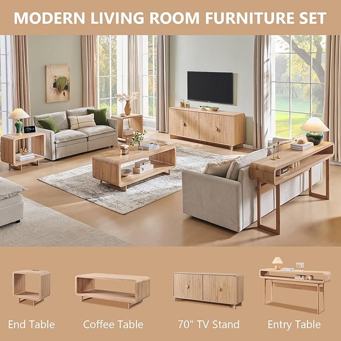 Modern Buffet Cabinet with Storage, 70" Large Sideboard Buffet Storage Cabinet with 4 Doors and Adjustable Shleves, Wooden Curved Coffee Bar for Dining Room, Kitchen, Living Room, Natural Oak