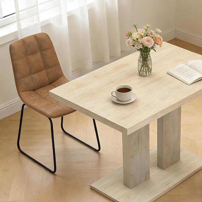 46" Dining Table for 4, Modern Rectangular Dining Room Table with Sturdy Pedestal Base, Thickened Tabletop, MDF Natural Wood Finish Kitchen Table for Breakfast Nook, Home & Apartment
