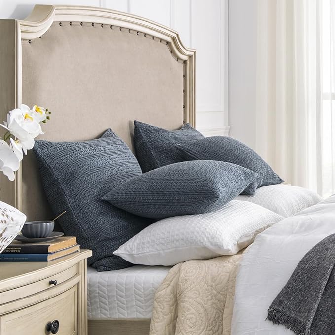 1pc 26x26 Pillow Cover Decorative Euro Sham Cotton Boho Throw Pillow Covers Large Square Pillowcase for Couch Bed, Blue Grey