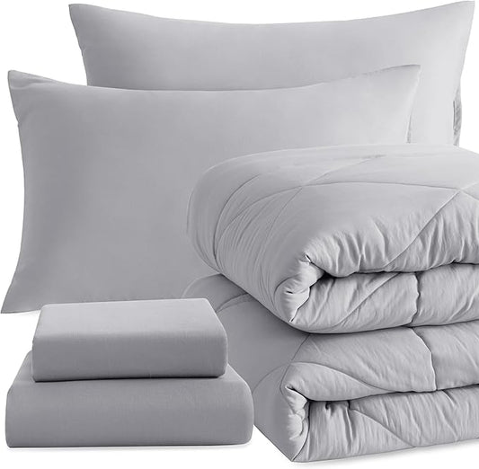 NTBAY Twin Comforter Set with Sheets, 5 Pieces Soft and Breathable Twin Bedding Set, Twin Bed in a Bag, Down Alternative Comforter Set Solid Color All Season, Kids Bedding Set, Light Grey