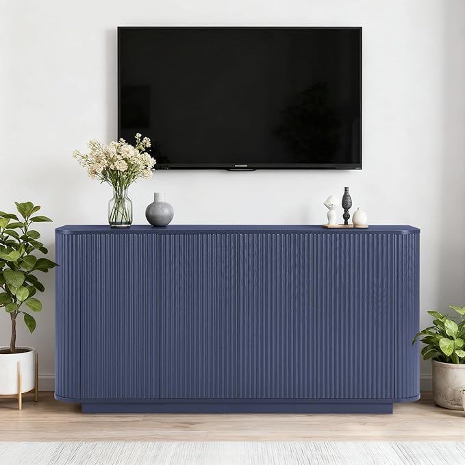 64" Sideboard Buffet Cabinet with Storage, Modern Fluted Accent Credenza with Adjustable Shelves, Wood Coffee Bar Console Table for Living Room Kitchen Dining Room Hallway, 31.5" H, Blue