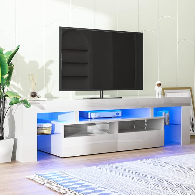 St.Mandyu LED TV Stand for 60/65/70 inch TV, High Glossy Modern Entertainment Center with Drawer and Led Lights, Television Table Center Media Console for Living Game Room Bedroom, White