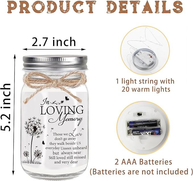 Sympathy Gifts for Loss of Loved One, Memorial Gifts Mason Jar Light - Condolence Gift, Memorial Gifts for Mother Father Grandma, Sympathy Gifts for Loss of Loved One