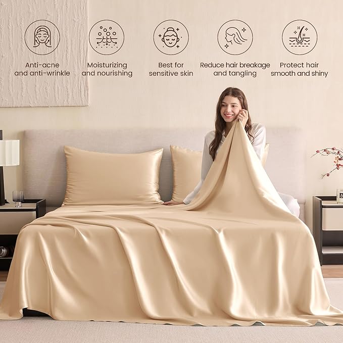 THXSILK Silk Sheet Set 5Pcs, 6A+ Top Grade 100% Pure Mulberry Silk Bed Sheets, Ultra Soft Durable Luxury Bedding Sets, 2 Fitted Sheet, 1 Flat Sheet and 2 Pillowcases (Split King, Champagne)