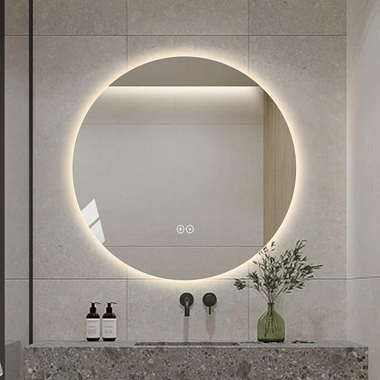 Round LED Bathroom Mirror with Light, Backlit Mirror for Bathroom, Frameless LED Smart Vanity Mirror with 3 Color Lights, Anti-Fog, Smart Touch Button, Shatter-Proof, IP65, 90+ CRI(28" L x 28" W)