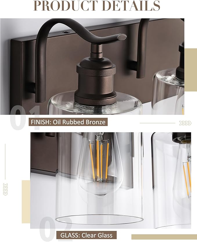 3 Light Bathroom Vanity Light, Morden Bathroom Lighting Fixtures Over Mirror Oil Rubbed Bronze Wall Light Fixtures with Clear Glass Shade ZCVL01ORB-3