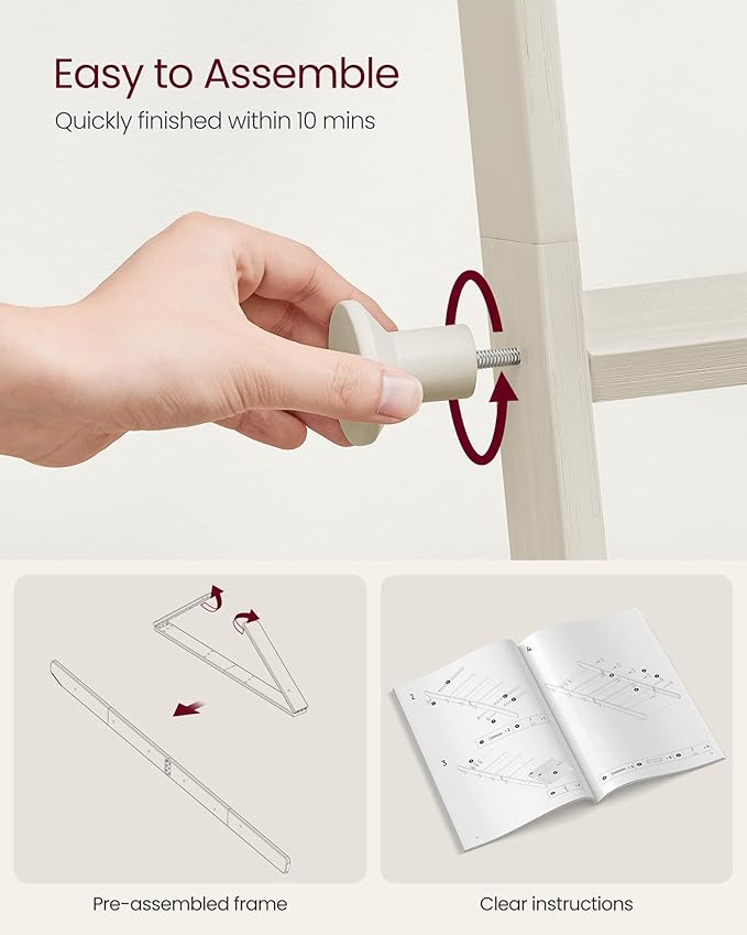 VASAGLE Blanket Ladder for Living Room, 5-Tier Wooden Ladder Shelf, Decorative Farmhouse Blanket Rack with Synthetic Leather Bag, Metal Hooks, Side Hooks, for Bedroom, Cream White ULLS022W01