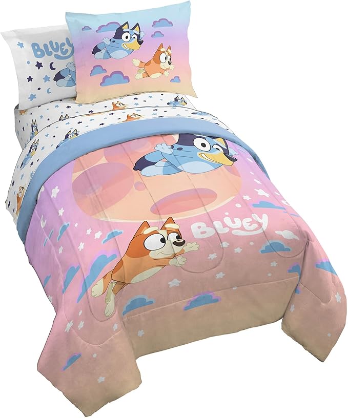 Jay Franco Bluey & Bingo Full Comforter Set - 7 Piece Bed Set Includes Sheet Set & Pillow Covers - Super Soft Clouds & Stars Kids Bedding
