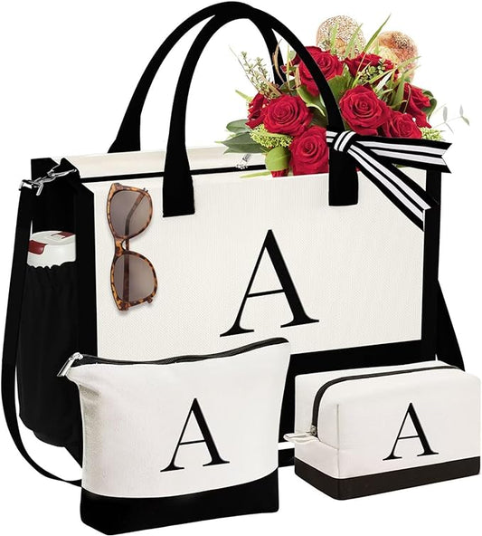 YOOLIFE Christmas Gifts for Women - Initial Canvas Tote Bag & Makeup Bag, Birthday Gifts for Women Mom Sister Friends