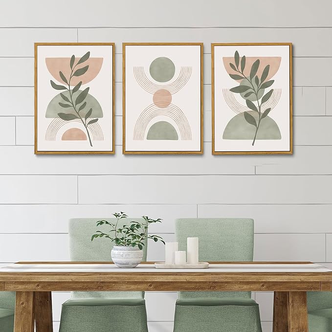 Bwodke Boho Wall Art, Framed Abstract Wall Art, Green Botanical Neutral Canvas Wall Decor, Large Mid Century Plant Pictures Set of 3, Modern Minimalist Paintings, for Bedroom Living Room Bathroom