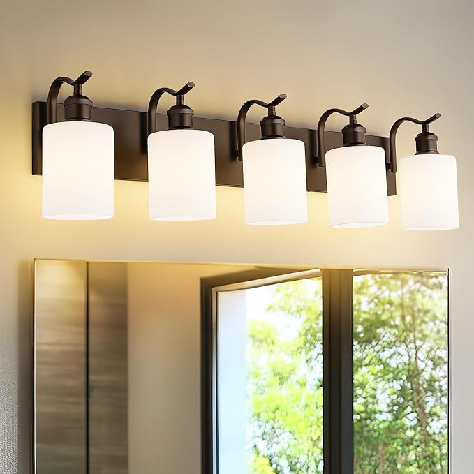 5 Light Bathroom Vanity Light, Morden Vanity Lighting Fixtures Over Mirror Oil Rubbed Bronze Bathroom Wall Sconce with Milky White Frosted Shade ZCVL01ORBW-5