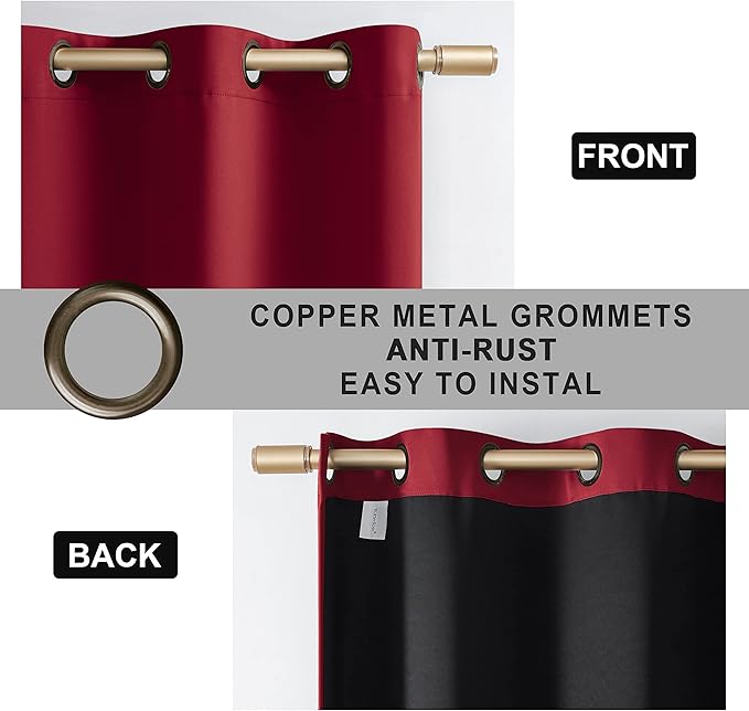 100% Blackout 340 GSM Curtain Panels , Heat and Full light Blocking Drapes with Grommets for Bedroom, Red Thermal Insulated Window Treatment Drapes for Living Room (Red, 2 Panels, 52 x 63 inch)