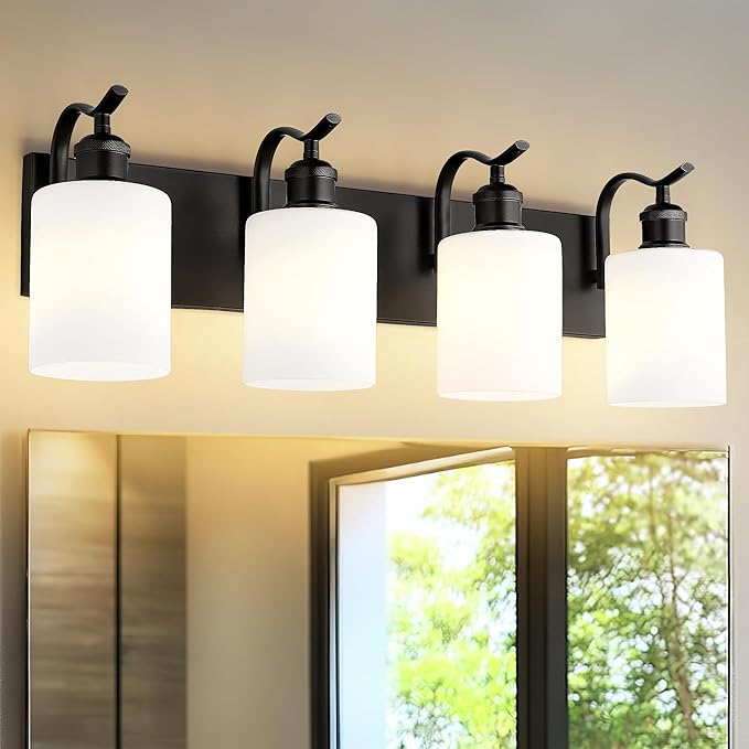 Black Vanity Light, 4-Light Bathroom Light Fixture, Modern Wall Sconce with Milk Glass, VL01BKW-4