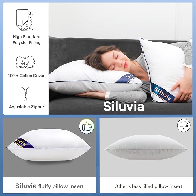 Siluvia Euro Pillows 26x26 Pillow Inserts Set of 2 Square Throw 26 Pillow with 100% Cotton Cover for Sofa, Couch, and Bed - White