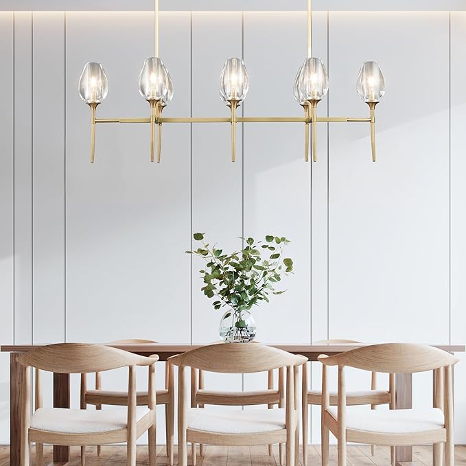 Crystal Chandelier, 52in Gold Tulip Rectangle K9 Crystal Chandelier, 8 Lights Brass Pendant Ceiling Light for Dining Living Room Bedroom Entryway, E12 Bulbs Included