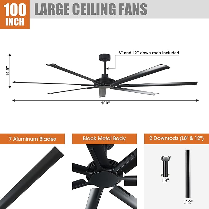 100 Inch Ceiling Fans without Lights, Industrial Black Large Ceiling Fan No Light for Living Room Shop Garage Bedroom Indoor Outdoor, Remote Control, Reversible 7 Aluminum Blades, Ventilador De Techo