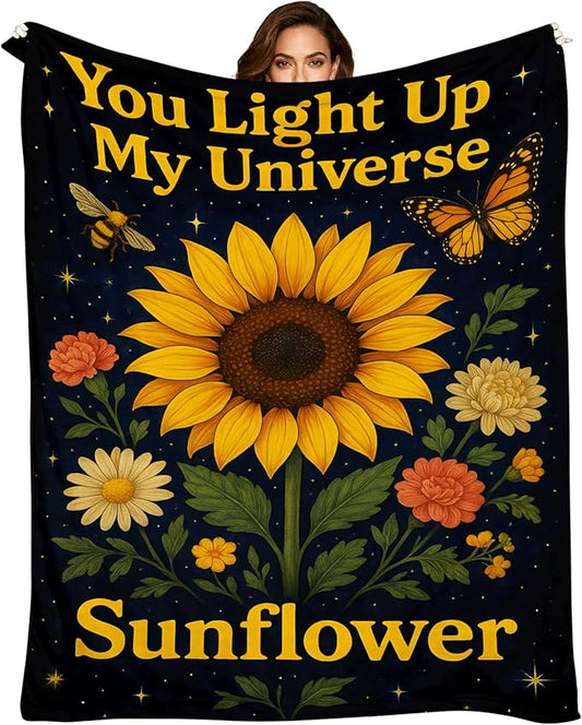 Sunflower Blanket for Women - Inspirational Floral Throw Blanket 50"x60" - Soft Flannel Fleece with Butterfly & Bee - Perfect Cozy Gift for Birthday, Fall & Summer Home Decor