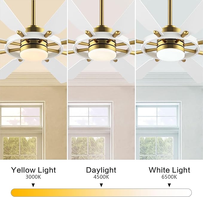 ELEHINSER 60 Inch Ceiling Fan with Lights and Remote Control, 8 Plywood Blades, 6-Speed Noiseless Reversible DC Motor, 3CCT, Windmill Ceiling fan for Kitchen Bedroom Living Room, Brass and White