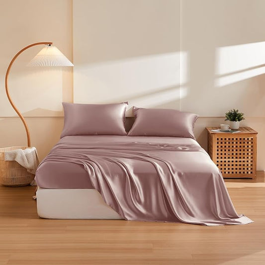 THXSILK Silk Sheet Set 5Pcs, 6A+ Top Grade 100% Pure Mulberry Silk Bed Sheets, Ultra Soft Durable Luxury Bedding Sets Cooling, 2 Fitted Sheet, 1 Flat Sheet and 2 Pillowcases (Split King, Purple)