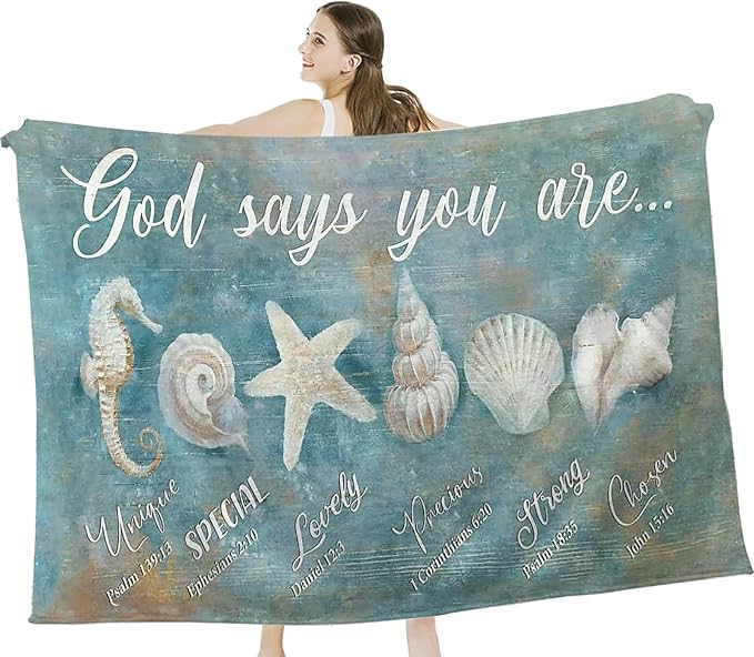 Tijuboni Ocean Seashells Throw Blanket - God Says You are - Beach Nautical Gifts for Women Men Girls Boys Kids Adults Soft Flannel Fleece Blanket for Couch Sofa Bed Home Decor 60"x80"